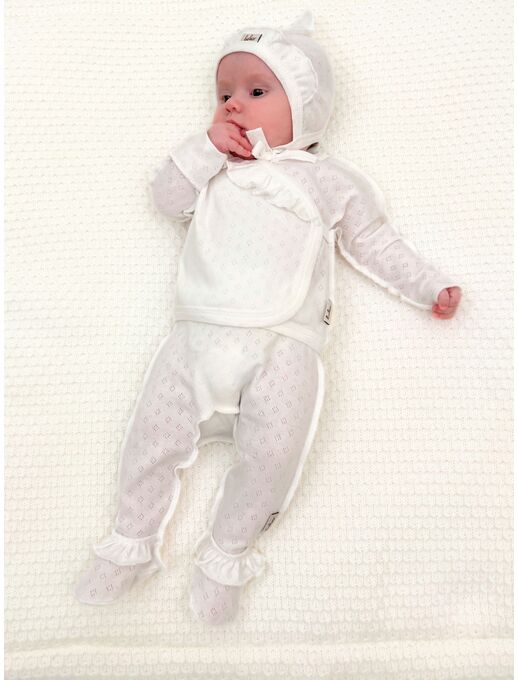Ползунки ажурные с рюшами для новорожденных с закрытыми ножками, Молочный, Расцветка одежды: Экрю, Выбрать размер: 56, изображение 2