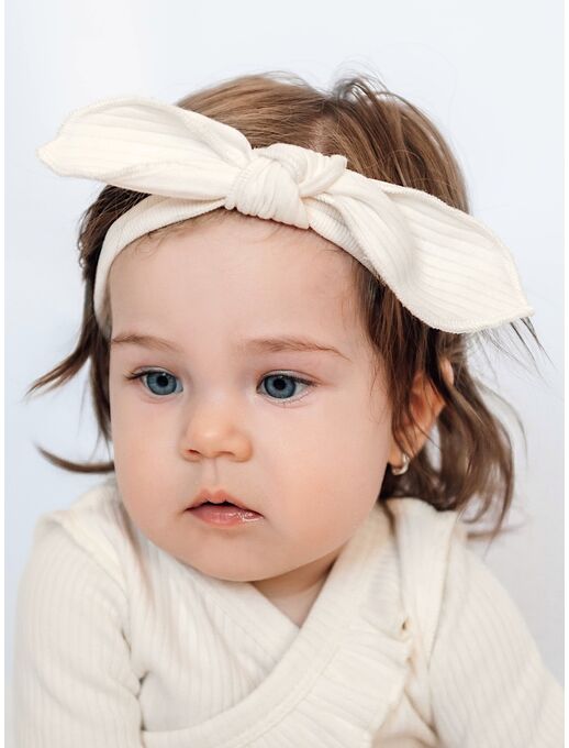 Повязка на голову для новорожденного с лепестком Bebo, Экрю размер 46-50, Расцветка одежды: Экрю, Выбрать размер: 40-44, изображение 2