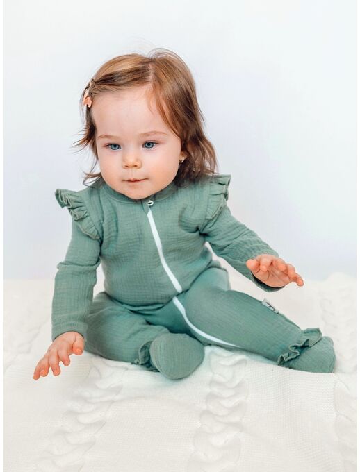 Муслиновый комбинезон для новорожденных малышей на молнии с закрытыми ножками и антицарапками, мятный