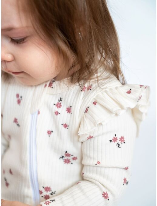 Нательный хлопковый комбинезон слип на молнии Bebo с закрытыми ножками и антицарапками, букетики