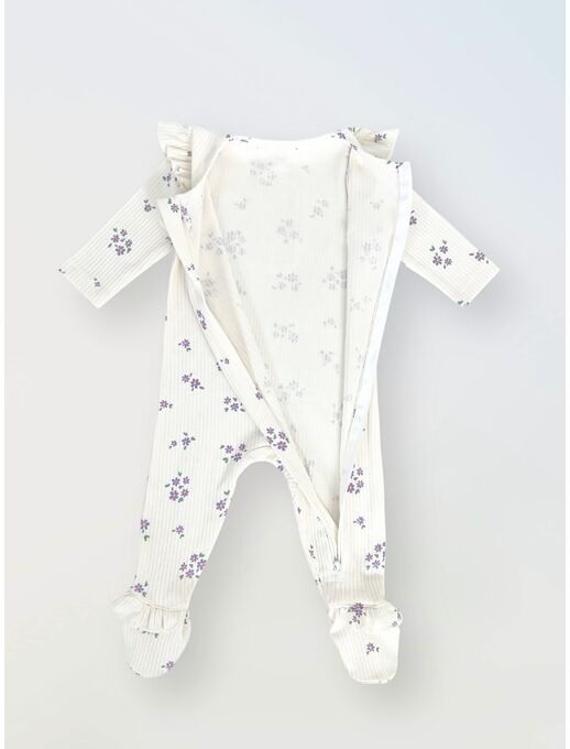 Слип для новорожденных на молнии с рюшами, с закрытыми ножками и ручками, в рубчик, Незабудки, Расцветка одежды: Незабудки, Выбрать размер: 62