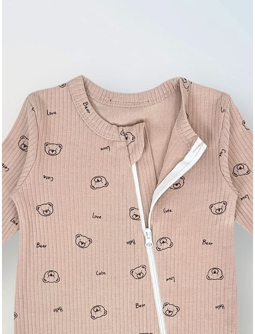 Нательный хлопковый комбинезон слип на молнии с закрытыми ножками и антицарапками для новорожденных и малышей Bebo, расцветка Мишки