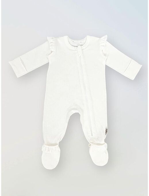 Нательный теплый хлопковый комбинезон Bebo с рюшами - слип из тонкого футера с начесом с закрытыми ножками и антицарапками Термобелье для новорожденного