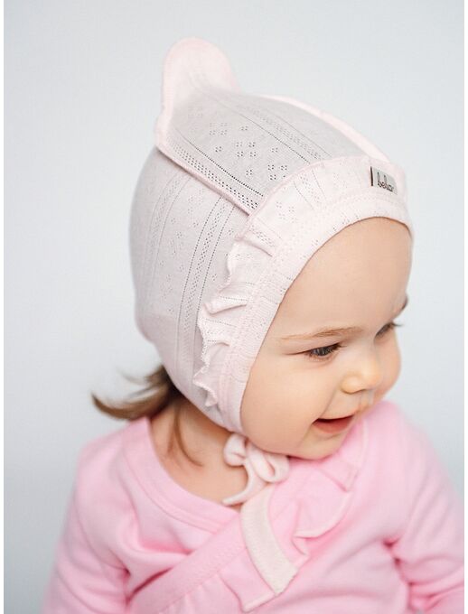Розовый трикотажный ажурный чепчик уголком с с рюшей для новорожденных девочек Bebo