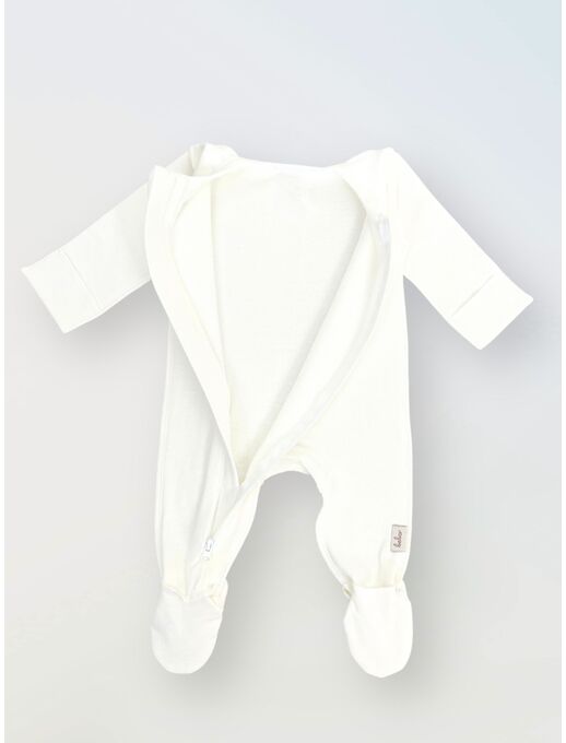 Теплый слип для новорожденного из футера с антицарапками, Молочный