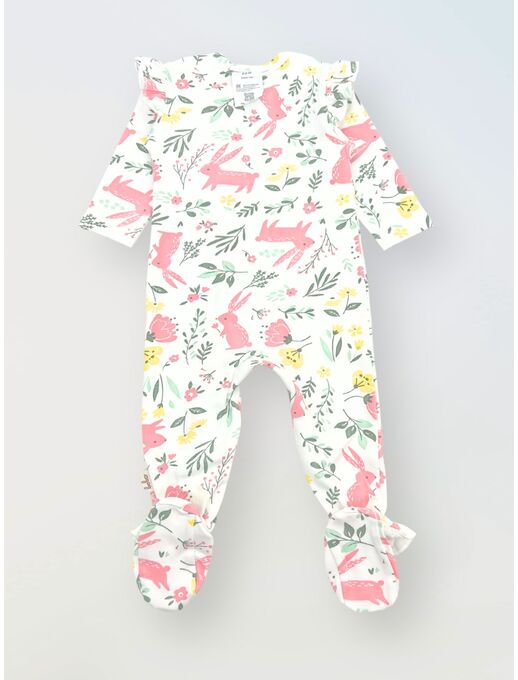 Комбинезон с рюшей по пройме и рюшей по лапкам, Зайчики в цветах