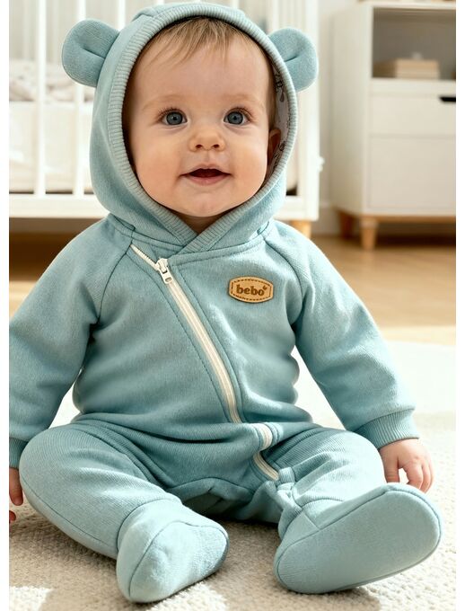 Комбинезон с капюшоном и ушками для новорожденного из футера, Расцветка одежды: Мятный, Выбрать размер: 56