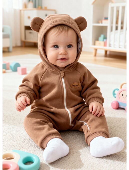 Комбинезон с капюшоном и ушками для новорожденного из футера