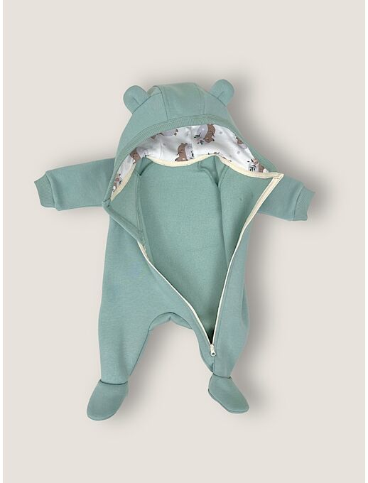 Комбинезон с капюшоном и ушками для новорожденного из футера, Расцветка одежды: Мятный, Выбрать размер: 56, изображение 3