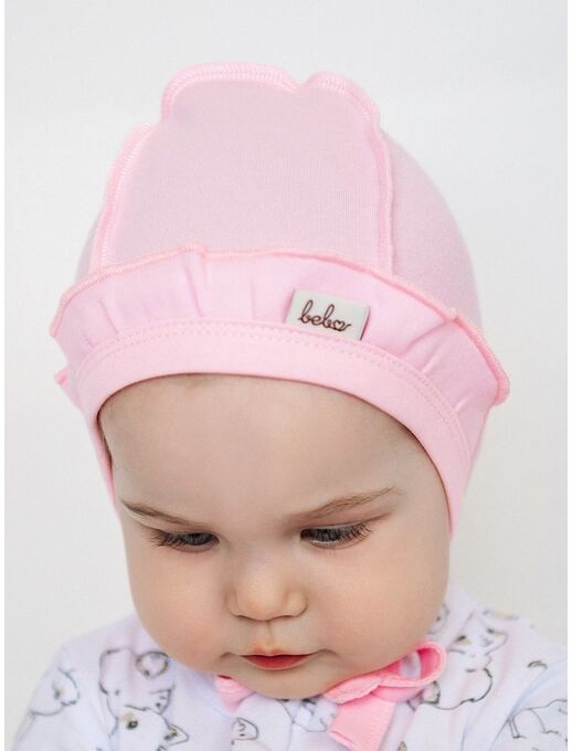 Розовый чепчик с рюшами для новорожденных девочек Bebo из нежного 100% хлопка