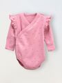 Боди кимоно для новорожденных с длинным рукавом и рюшами, Сердечки на розовом