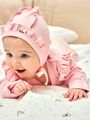 Чепчик с рюшами для новорожденных девочек Bebo из хлопка, швами наружу,  на выписку в роддом, "в рубчик", "из лапши", цвет Чайная роза